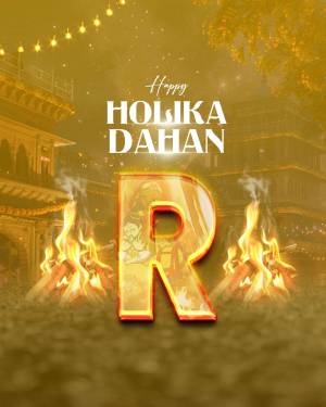 Holika Dahan celebration with a large 'R' letter and bonfire