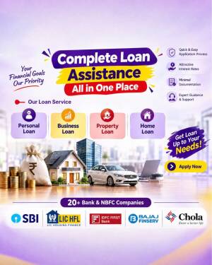 Advertisement banner for complete loan assistance including personal, business, property, and home loans with various bank logos.