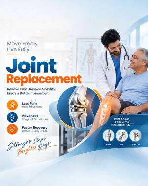 A doctor consulting with a patient about joint replacement surgery, featuring icons of knee, hip, and shoulder replacements.