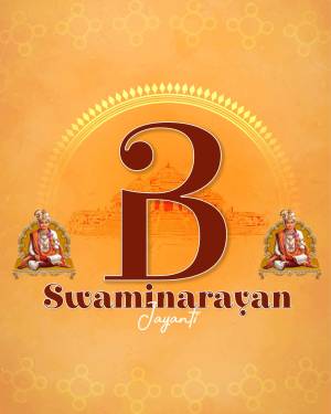 Swaminarayan Jayanti image with a large 'B' and depictions of Swaminarayan