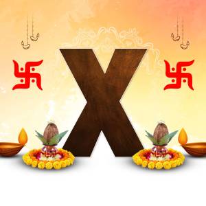 Letter X with Diwali decorations including Swastik, lamps, and coconuts