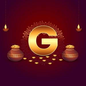 Golden letter G with traditional Diwali elements like oil lamps and clay pots