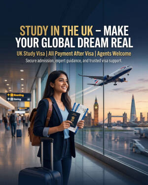 A young Indian student holding a passport and flight tickets at an airport with a view of London landmarks in the background, promoting UK study visa services.