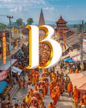 A large golden letter 'B' superimposed over a vibrant procession of Buddhist monks in orange robes in front of a temple.