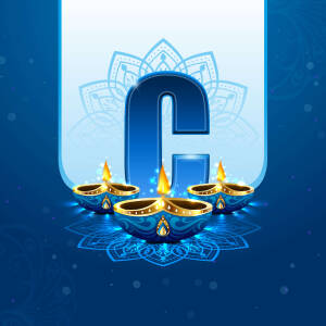 Letter G with Diwali lamps and decorative background