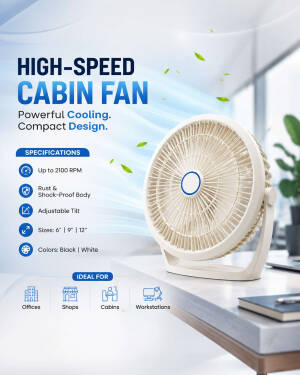 A beige compact high-speed desk cabin fan on a white surface with text detailing specifications and usage.