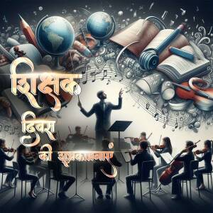 Illustration depicting a conductor leading an orchestra with educational elements surrounding them, celebrating Teachers Day.