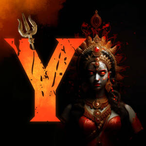 Digital art featuring the letter Y intertwined with an image of Goddess Durga