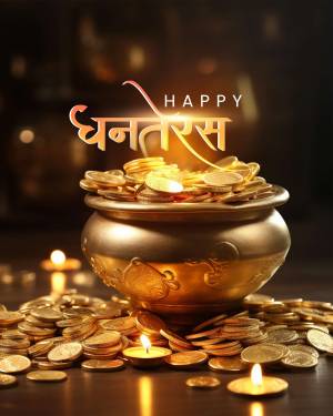 Golden pot filled with coins and lit candles for Dhanteras