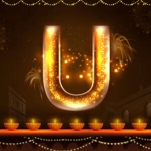 Glowing letter U with Diwali lights and fireworks