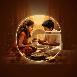 Two children celebrating Raksha Bandhan with sweets and a Rakhi.
