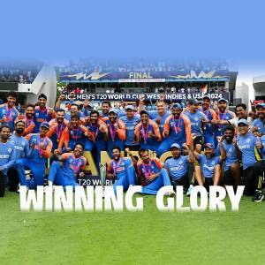 Indian cricket team celebrating their victory in the ICC Men's T20 World Cup 2024