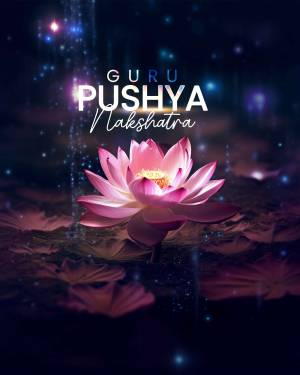 Pink lotus flower with glowing text 'Guru Pushya Nakshatra'