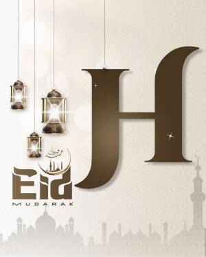 Eid Mubarak greeting card with lanterns and mosque silhouette