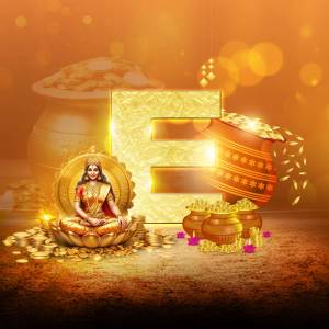 Image depicting Goddess Lakshmi with a golden letter E and pots of gold.