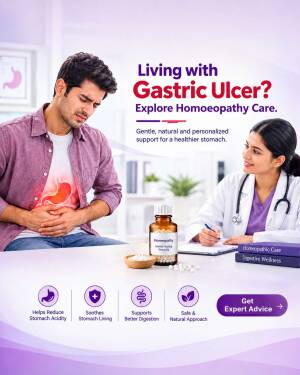 A man consulting with a doctor about homeopathic treatment for gastric ulcer symptoms.