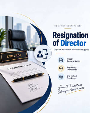 A graphic advertisement for professional company secretary services assisting with the resignation of a director, featuring a resignation letter on a desk.