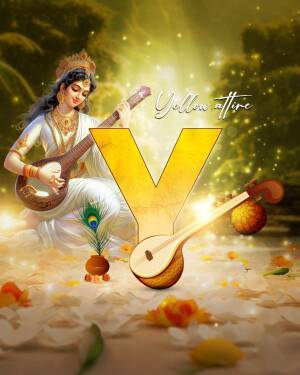 Goddess Saraswati playing a veena with a large letter Y in the foreground