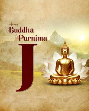 Image of Buddha meditating on a lotus flower with a mountain backdrop and text 'Happy Buddha Purnima'