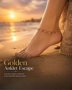 A woman's foot adorned with a delicate gold anklet with red gemstone accents, set against a sunset beach backdrop.