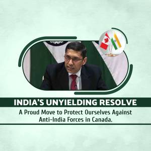 Image of a man with flags of India and Canada in the background, with text 'India's Unyielding Resolve'