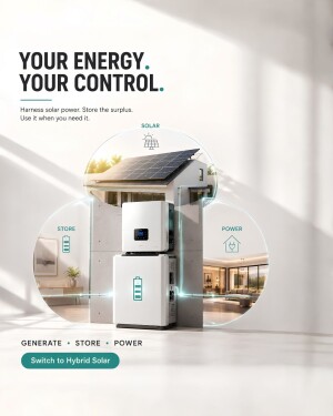 A graphic demonstrating a hybrid solar system with a house, solar panels, and battery storage.
