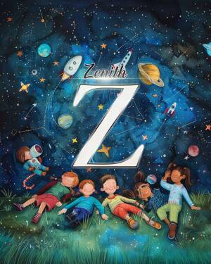 Illustration of the letter 'Z' with children stargazing and space elements.