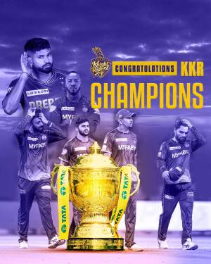 Kolkata Knight Riders celebrating their IPL championship win with the trophy and players.
