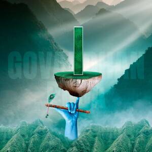 Illustration of Lord Krishna lifting Govardhan Hill