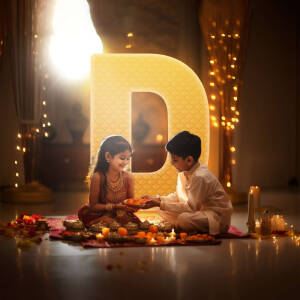 Two children celebrating Diwali with sweets and lights.