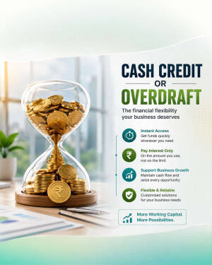 A visual advertisement for cash credit and overdraft services featuring an hourglass filled with Indian Rupee coins on an office desk.