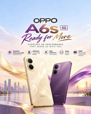 Oppo A6s 5G gold and purple smartphone models with skyline background