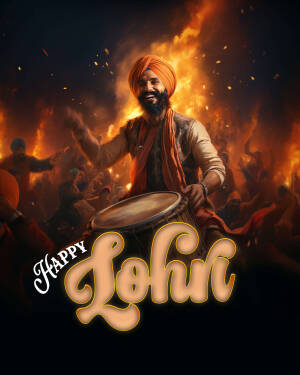 A vibrant poster depicting a Sikh man playing the dhol against a backdrop of a Lohri celebration with fire and dancing figures.