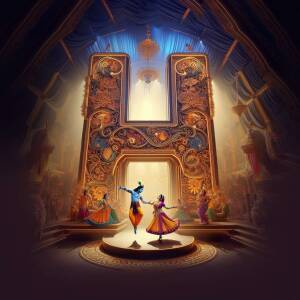 Illustration of Krishna and Radha dancing in front of an ornate golden gate.
