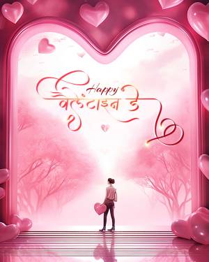 Woman with a heart-shaped balloon looking towards a glowing heart-shaped archway