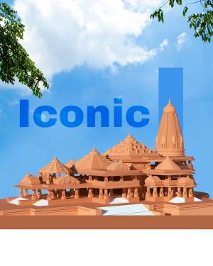 A 3D model of the Ram Mandir against a blue sky