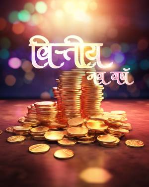 Stacks of gold coins with text in Hindi celebrating a new year