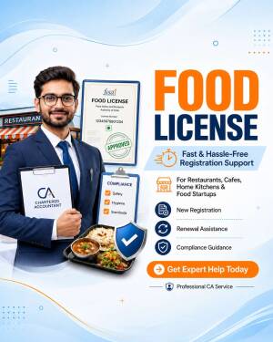 Chartered accountant holding documents next to FSSAI food license registration services flyer
