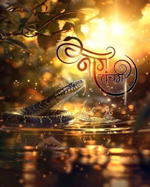 A vibrant poster depicting a snake emerging from water with the text 'Nag Panchami' in Devanagari script.
