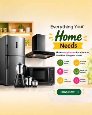 A collection of modern kitchen appliances including a refrigerator, chimney, microwave, and mixer grinder on a soft yellow background.