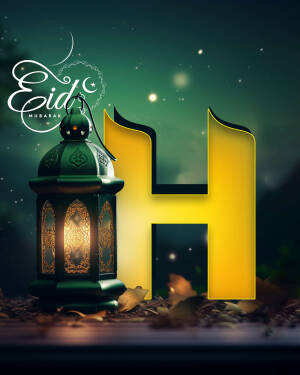 Eid Mubarak greeting with a glowing lantern and the letter H