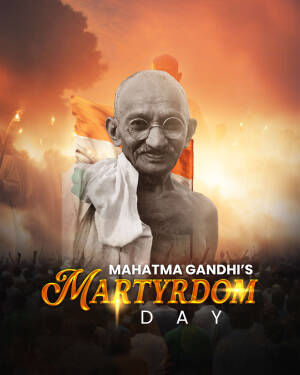 Portrait of Mahatma Gandhi with Indian flag and crowd in the background