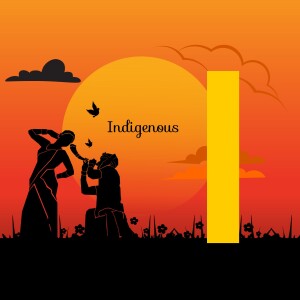 Silhouette of Indigenous people playing instruments against a vibrant sunset.