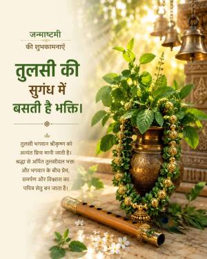 Decorative image for Janmashtami featuring a sacred Tulsi plant, golden necklace, and flute with Hindi festive wishes.