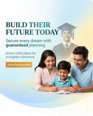 A smiling family helping their child study, with a graduate overlay, promoting child education planning services.