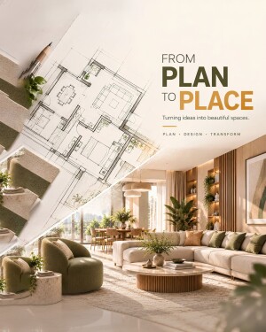 An architectural floor plan transitioning into a modern, cozy living room interior design concept.
