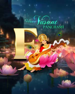 Illustration of Goddess Saraswati playing the veena with the text 'Happy Vasant Panchami'