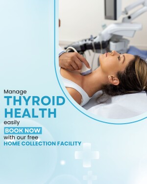 Woman undergoing a thyroid ultrasound examination with text promoting thyroid health management.