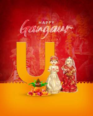 Gangaur festival greeting with traditional dolls and decorations