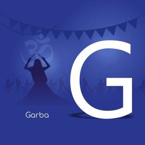 Letter G with Garba dance silhouette and festive decorations